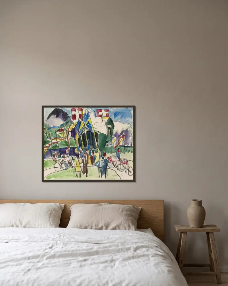 Radrennen, 1923 av Ernst Ludwig Kirchner inramad på en vägg