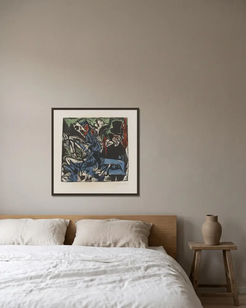 Schlemihls Begegnung mit dem kleinen grauen Mann auf der Landstraße von Ernst Ludwig Kirchner gerahmt an einer Wand