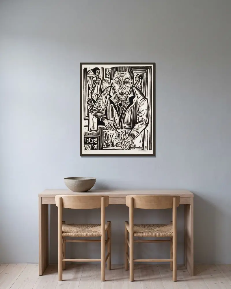 Självporträtt, träsnitt av Ernst Ludwig Kirchner inramad på en vägg