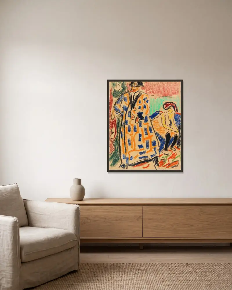 Selbstbildnis mit Modell av Ernst Ludwig Kirchner inramad på en vägg