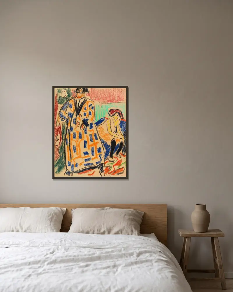 Selbstbildnis mit Modell av Ernst Ludwig Kirchner inramad på en vägg