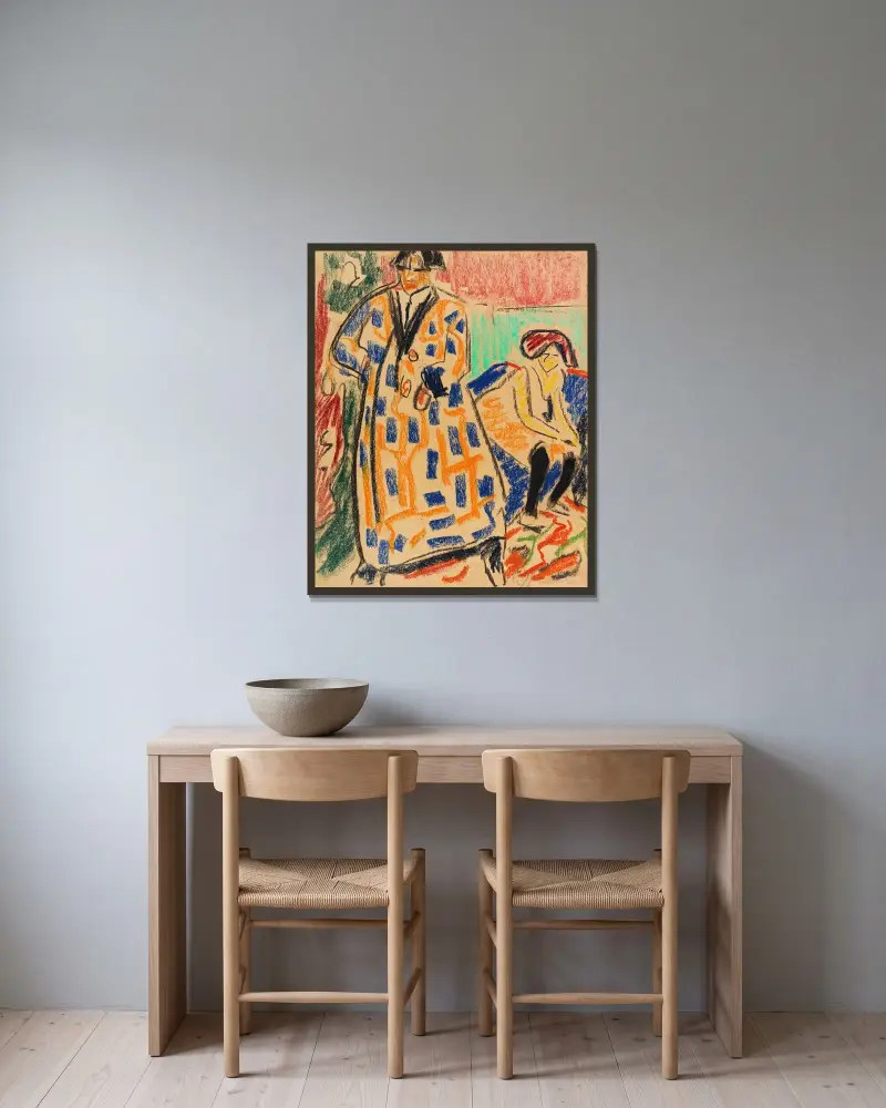 Selbstbildnis mit Modell av Ernst Ludwig Kirchner inramad på en vägg