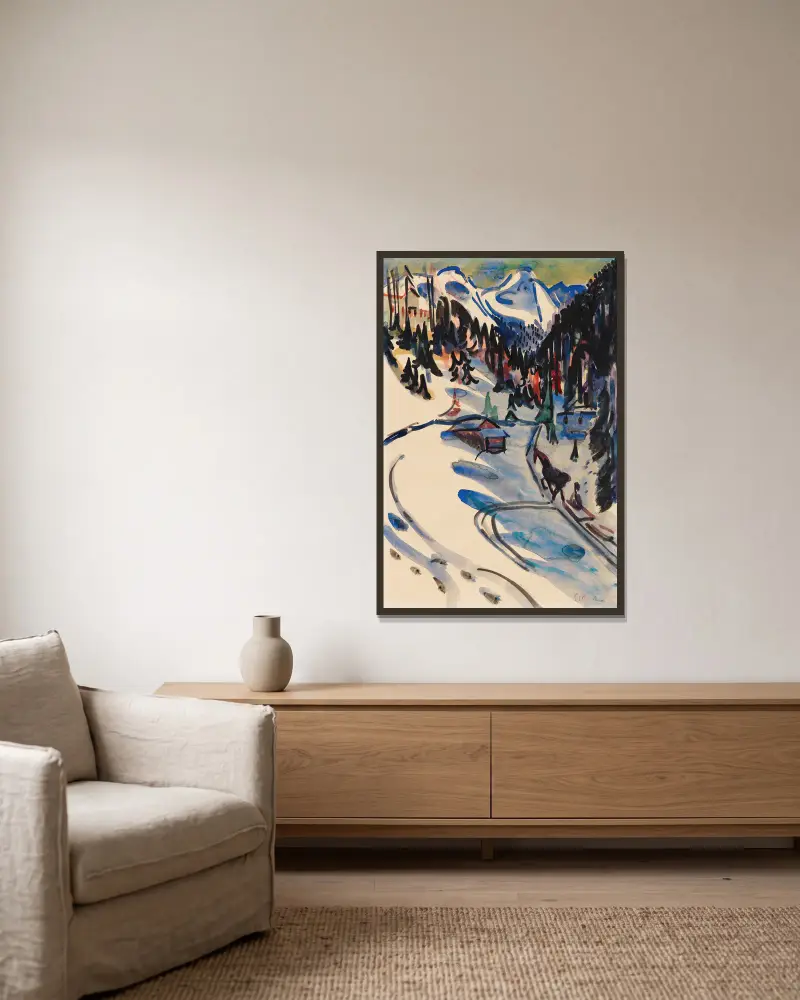 Sertigtal im Winter av Ernst Ludwig Kirchner inramad på en vägg