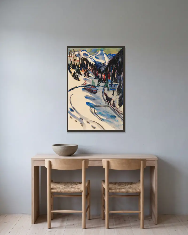 Sertigtal im Winter av Ernst Ludwig Kirchner inramad på en vägg