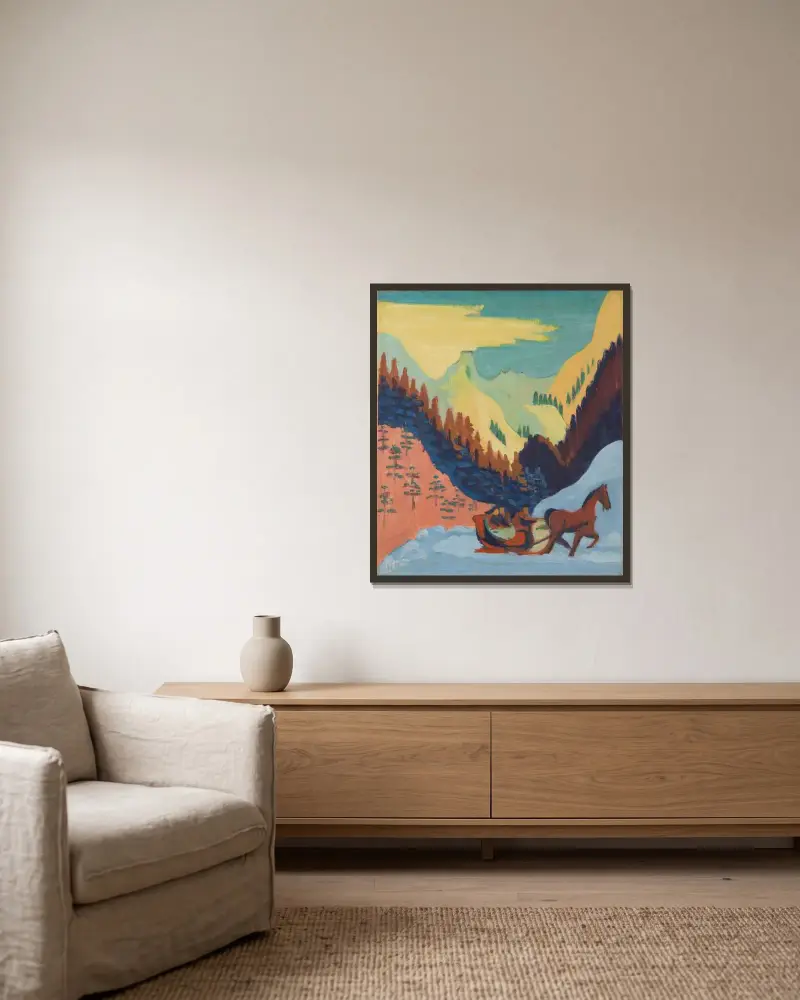 Schlittenfahrt im Schnee von Ernst Ludwig Kirchner gerahmt an einer Wand