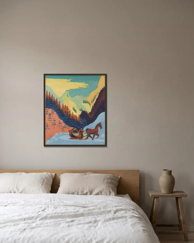 Schlittenfahrt im Schnee von Ernst Ludwig Kirchner gerahmt an einer Wand