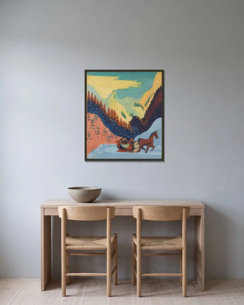 Schlittenfahrt im Schnee von Ernst Ludwig Kirchner gerahmt an einer Wand