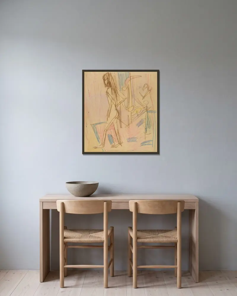 Stojący akt kobiecy na dywanie, Ernst Ludwig Kirchner w ramie na ścianie
