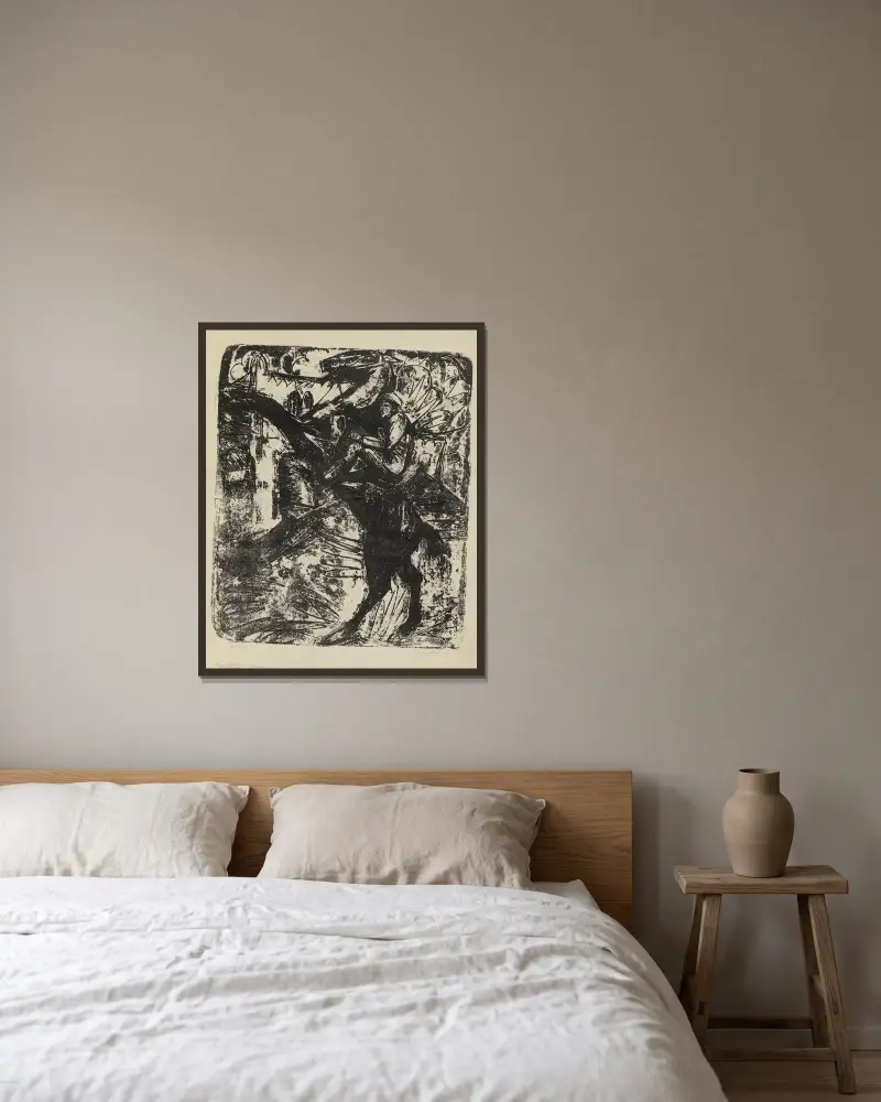 Vzpínající se kůň s jezdcem, Ernst Ludwig Kirchner v rámu na stěně