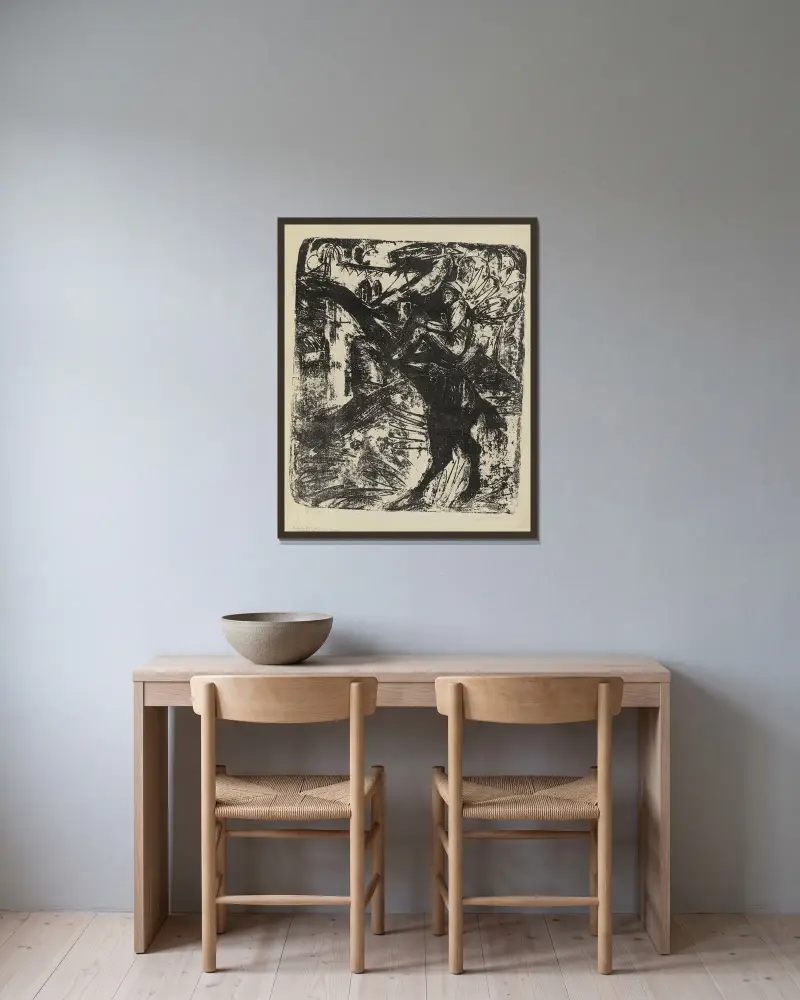 Vzpínající se kůň s jezdcem, Ernst Ludwig Kirchner v rámu na stěně