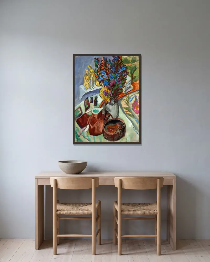 Still Life with Jug and African Bowl av Ernst Ludwig Kirchner inramad på en vägg
