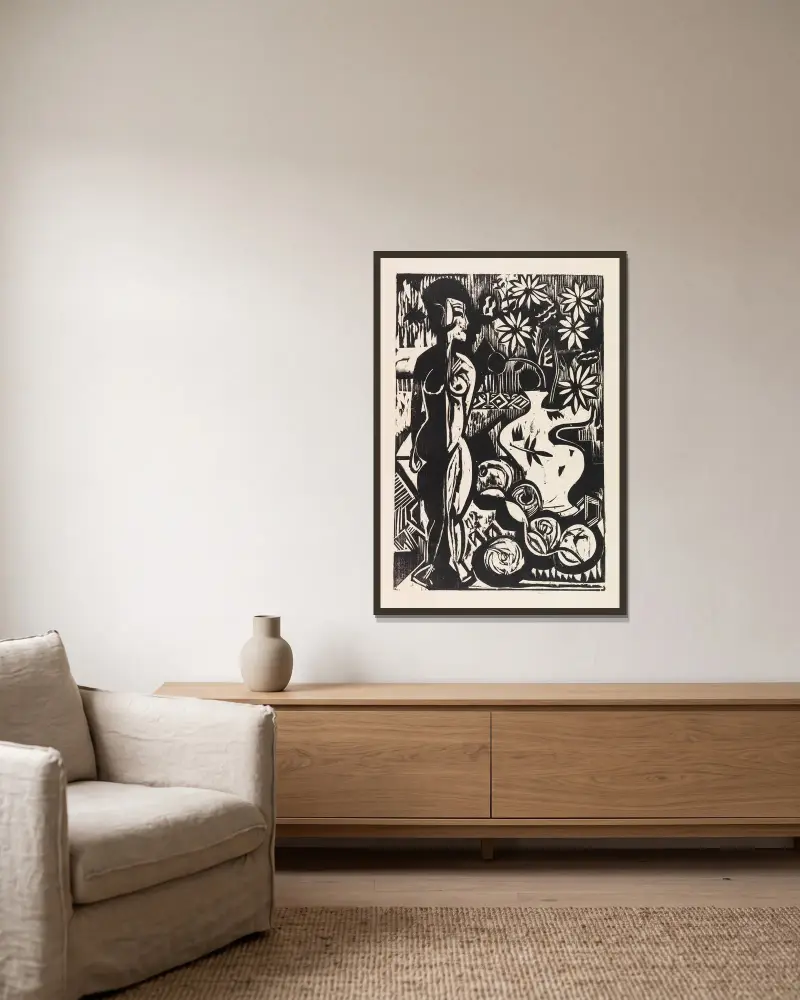 Stilleben mit Plastik av Ernst Ludwig Kirchner inramad på en vägg
