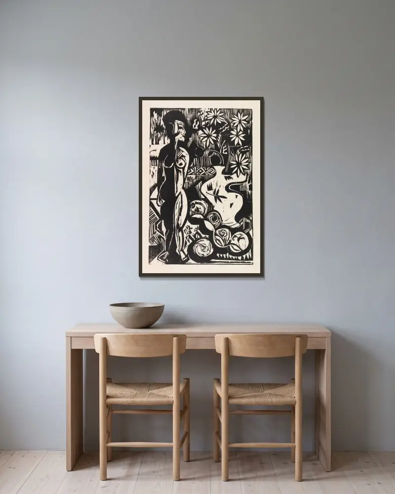 Stilleben mit Plastik av Ernst Ludwig Kirchner inramad på en vägg