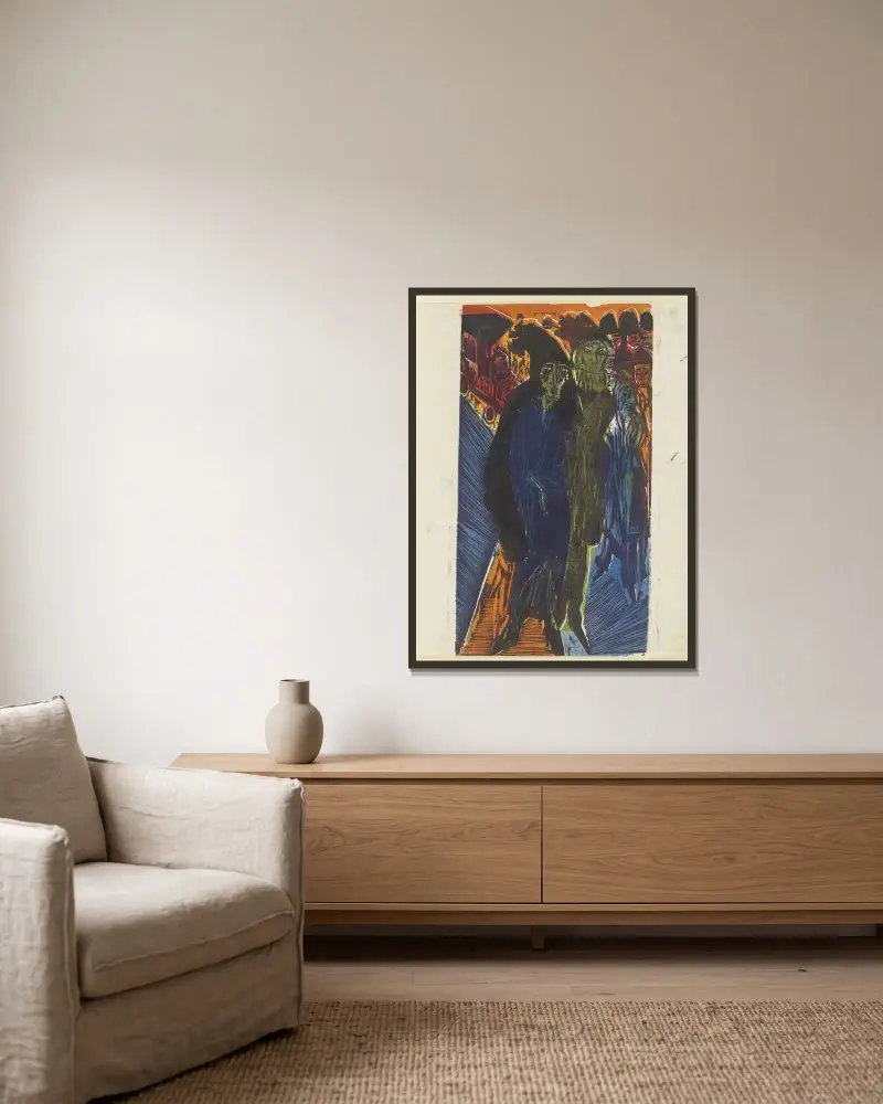 Straßenszene (nach dem Gemälde ‘Straßenszene’ von 1914), 1914 – nr 1 av Ernst Ludwig Kirchner inramad på en vägg