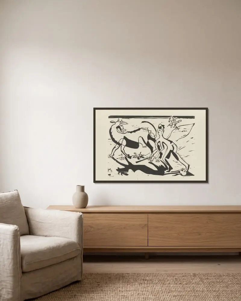 Wilde Kuh und Hirt av Ernst Ludwig Kirchner inramad på en vägg