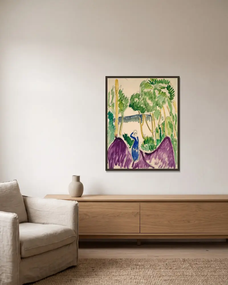 Frau in den Dünen auf Fehmarn von Ernst Ludwig Kirchner gerahmt an einer Wand