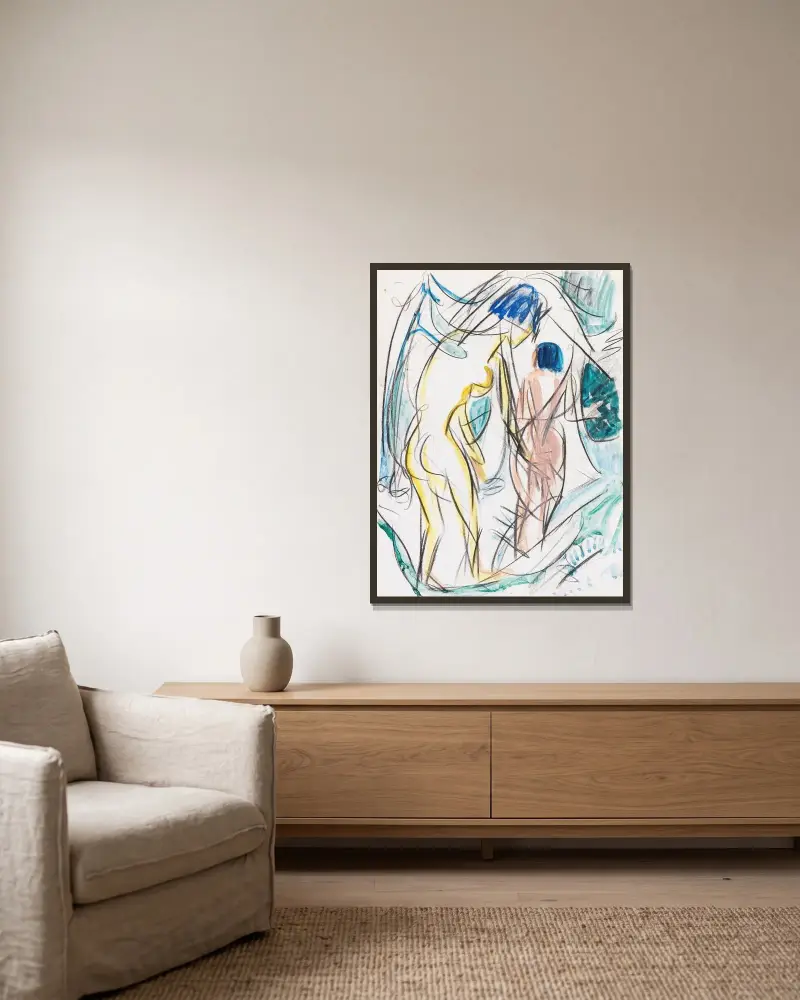 Zwei Akte im Walde av Ernst Ludwig Kirchner inramad på en vägg