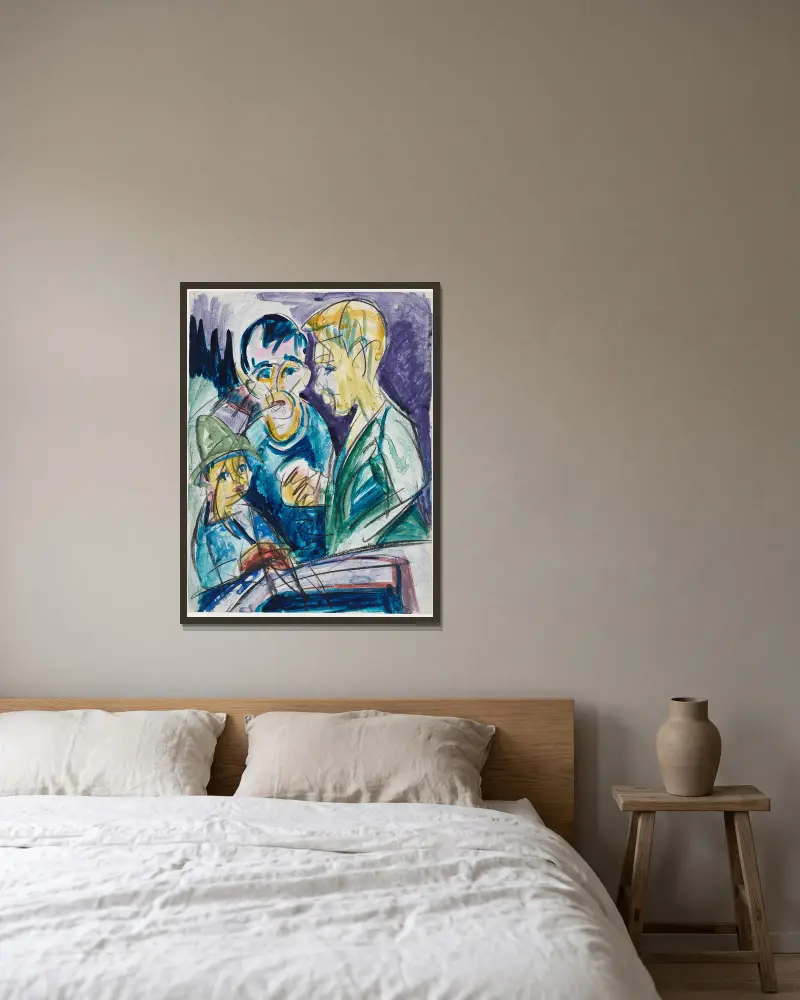 Zwei Bauern und Junge am Brunnen av Ernst Ludwig Kirchner inramad på en vägg