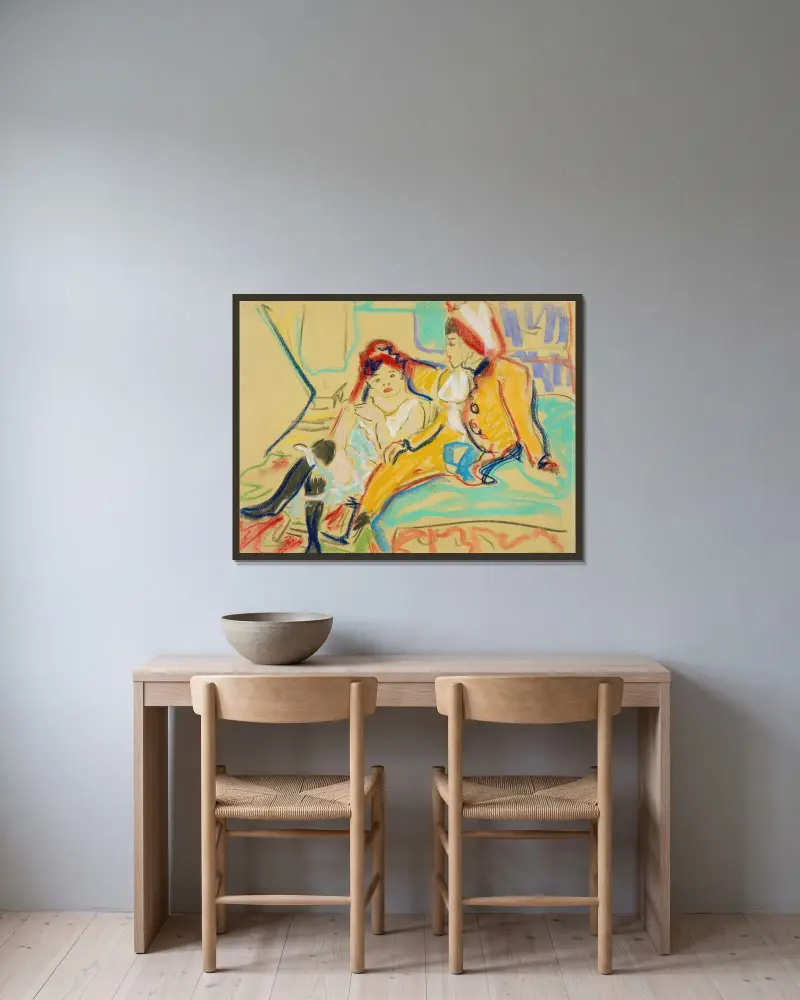 Zwei Mädchen auf einem Divan von Ernst Ludwig Kirchner gerahmt an einer Wand