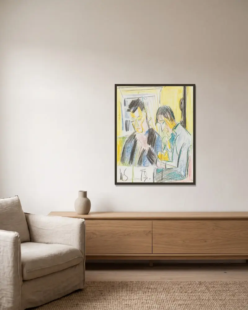 Zwei Männer am Tisch von Ernst Ludwig Kirchner gerahmt an einer Wand