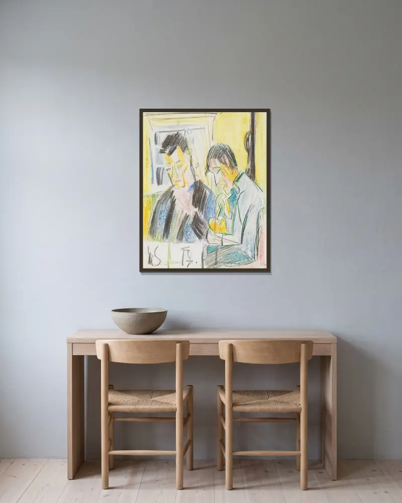 Zwei Männer am Tisch von Ernst Ludwig Kirchner gerahmt an einer Wand