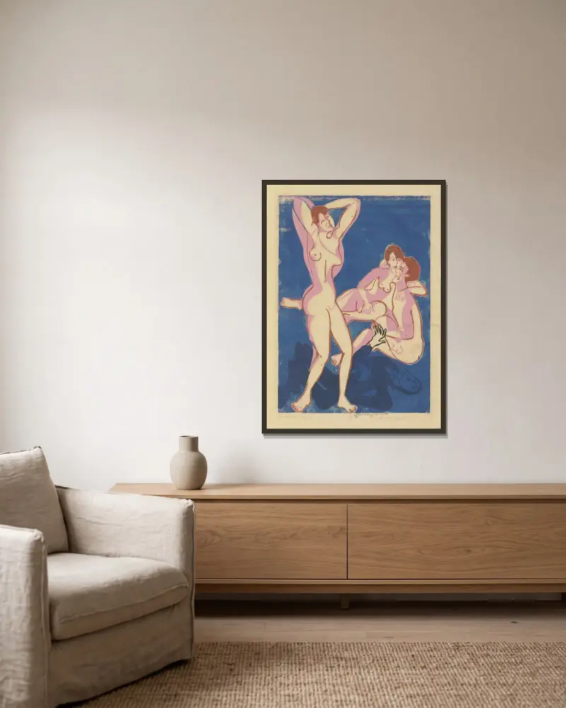 Två män och en kvinna av Ernst Ludwig Kirchner inramad på en vägg