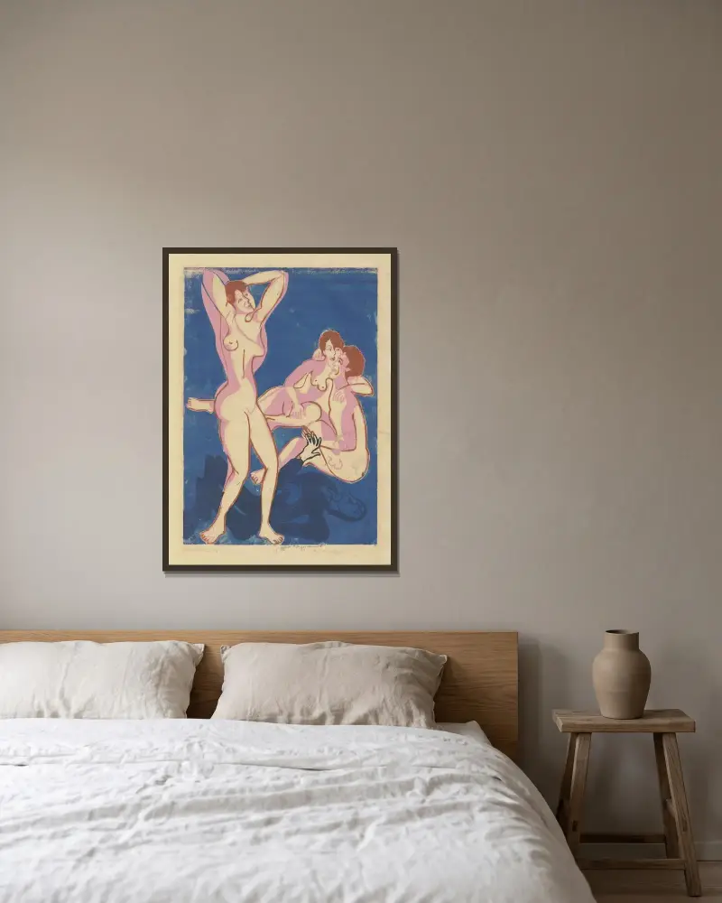 Två män och en kvinna av Ernst Ludwig Kirchner inramad på en vägg