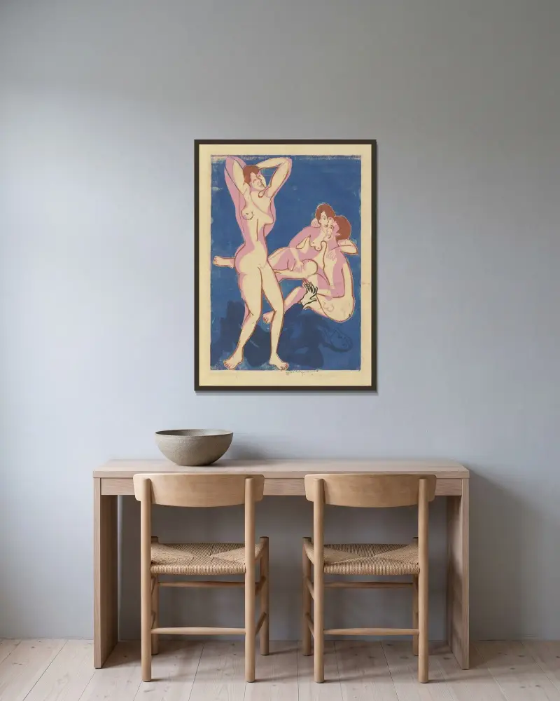 Två män och en kvinna av Ernst Ludwig Kirchner inramad på en vägg
