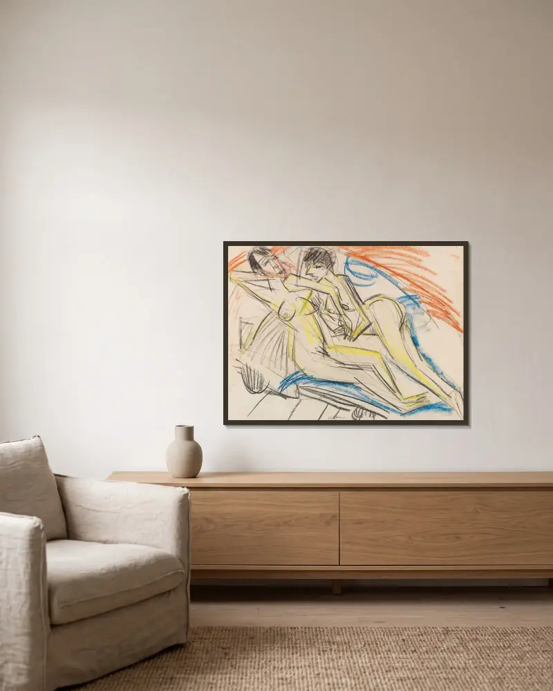 Två nakna flickor på en säng av Ernst Ludwig Kirchner inramad på en vägg