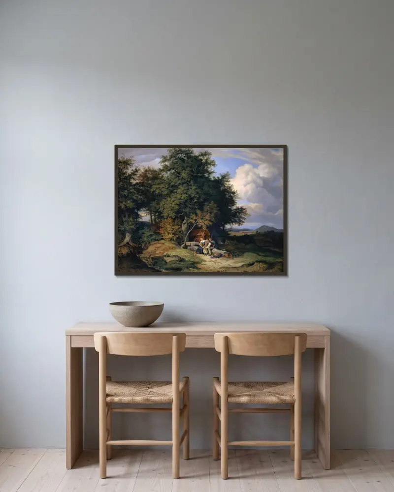Höstskog med herdefamilj av Adrian Ludwig Richter inramad på en vägg