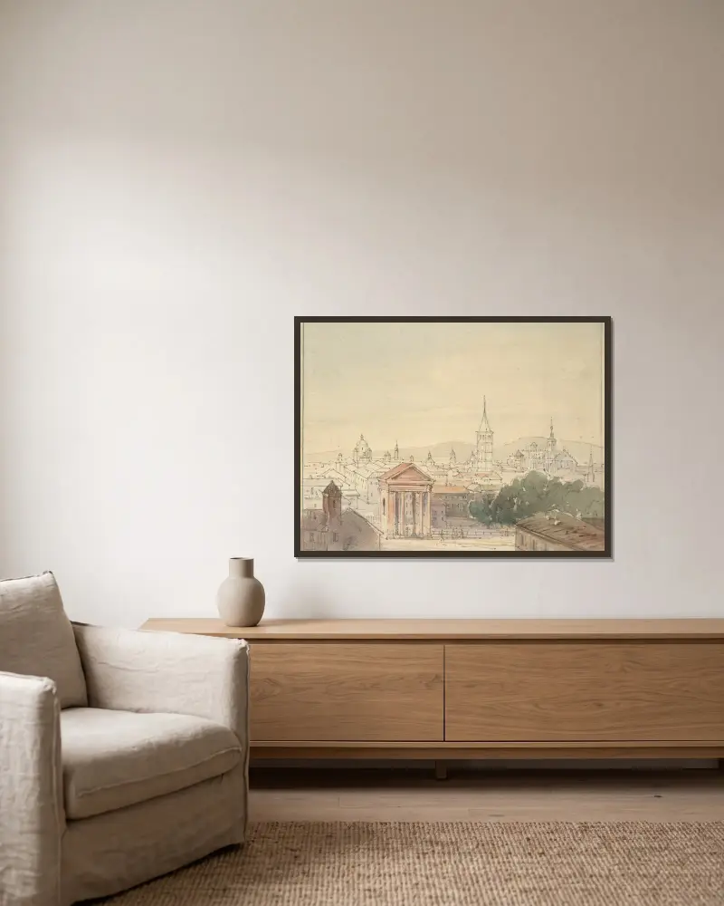 View of Milan av Adrian Ludwig Richter inramad på en vägg