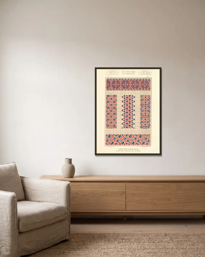 Hemslöjdens ornament – Ruteniska bönders broderier, vol. 2, plansch 5 av Ludwik Wierzbicki inramad på en vägg