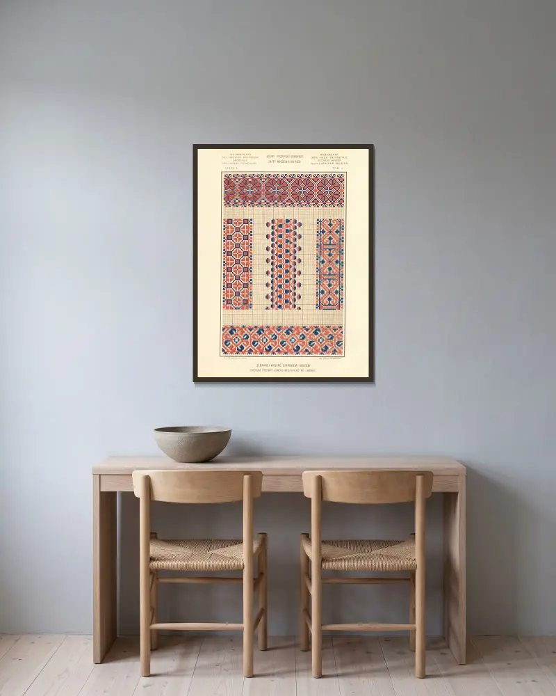 Hemslöjdens ornament – Ruteniska bönders broderier, vol. 2, plansch 5 av Ludwik Wierzbicki inramad på en vägg