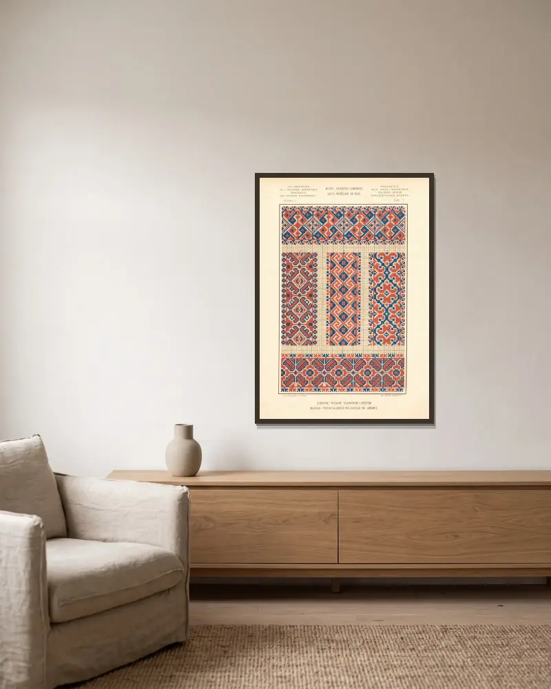 Hemslöjdens ornament – Ruteniska bönders broderier, vol. 2, plansch 7 av Ludwik Wierzbicki inramad på en vägg