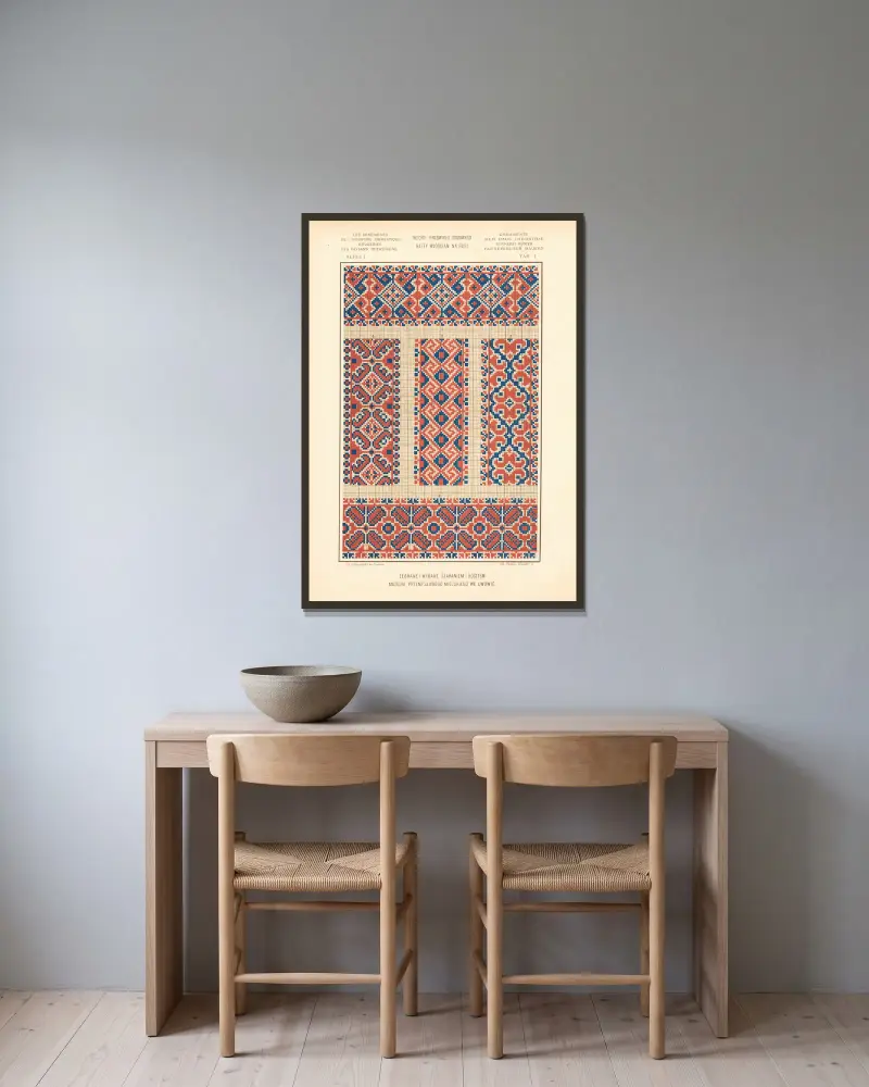 Hemslöjdens ornament – Ruteniska bönders broderier, vol. 2, plansch 7 av Ludwik Wierzbicki inramad på en vägg