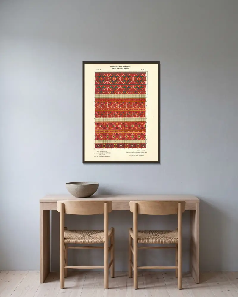 Hemslöjdens ornament – Ruteniska bönders broderier, vol. 3, plansch 1 av Ludwik Wierzbicki inramad på en vägg