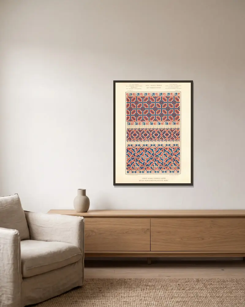 Hemslöjdens ornament – Ruteniska bönders broderier, vol. 2, plansch 9 av Ludwik Wierzbicki inramad på en vägg