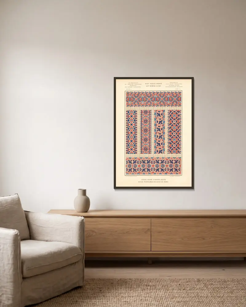 Hemslöjdens ornament – Ruteniska bönders broderier, vol. 2, plansch 6 av Ludwik Wierzbicki inramad på en vägg