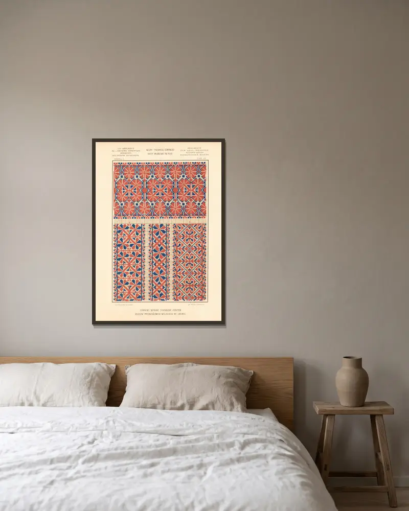 Hemslöjdens ornament – Ruteniska bönders broderier, vol. 2, plansch 10 av Ludwik Wierzbicki inramad på en vägg