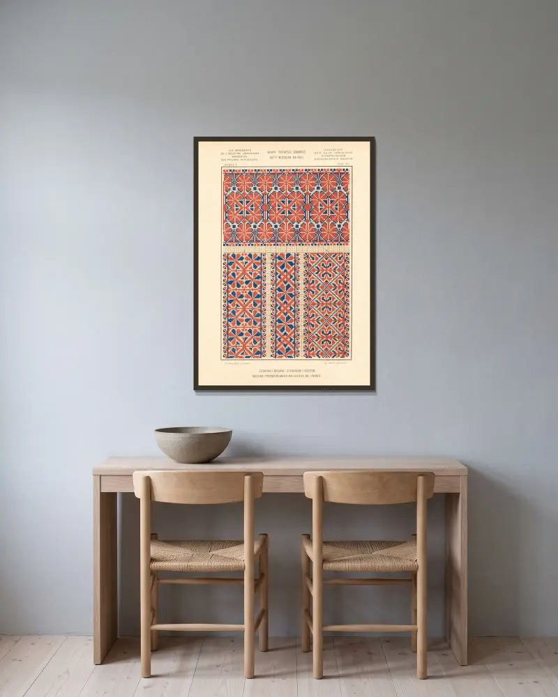 Hemslöjdens ornament – Ruteniska bönders broderier, vol. 2, plansch 10 av Ludwik Wierzbicki inramad på en vägg