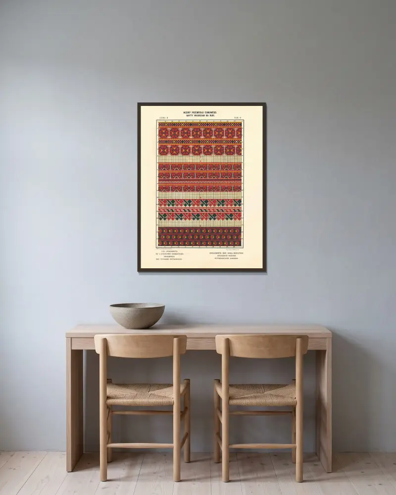 Hemslöjdens ornament – Ruteniska bönders broderier, vol. 3, plansch 6 av Ludwik Wierzbicki inramad på en vägg