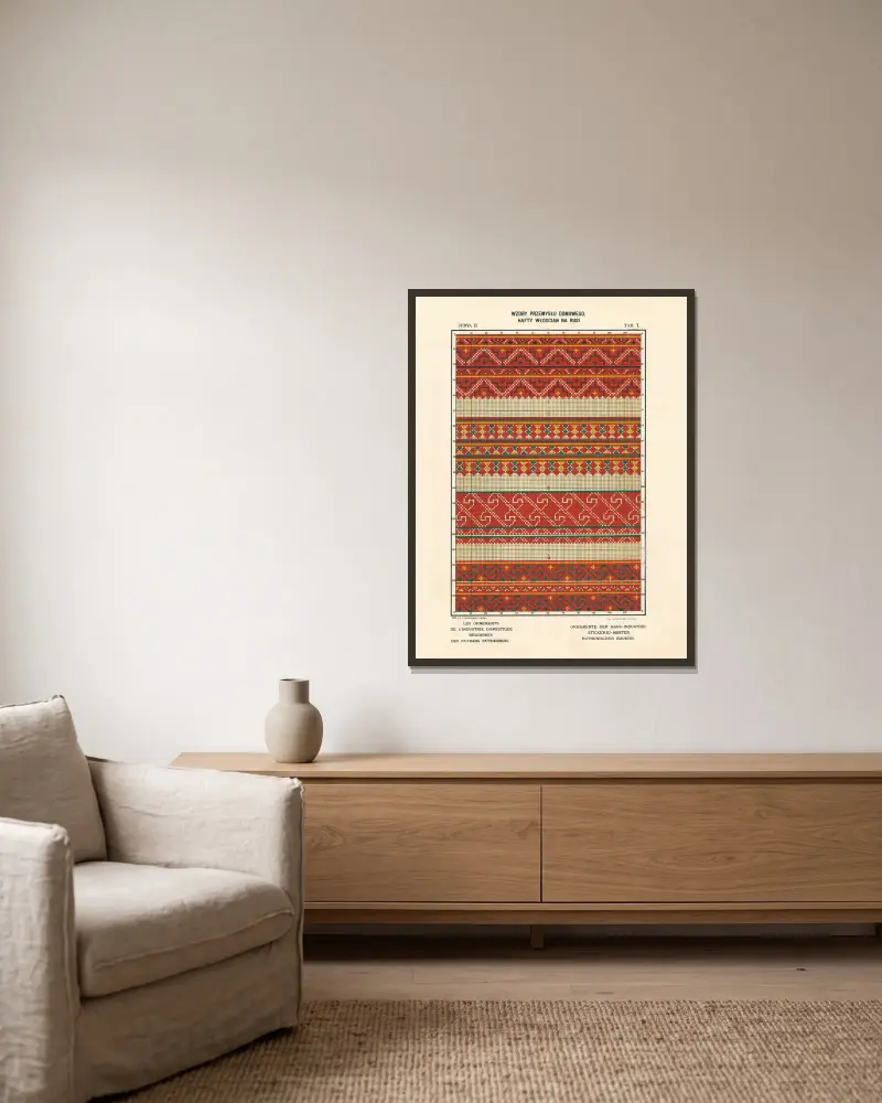 Hemslöjdens ornament – Ruteniska bönders broderier, vol. 3, plansch 7 av Ludwik Wierzbicki inramad på en vägg