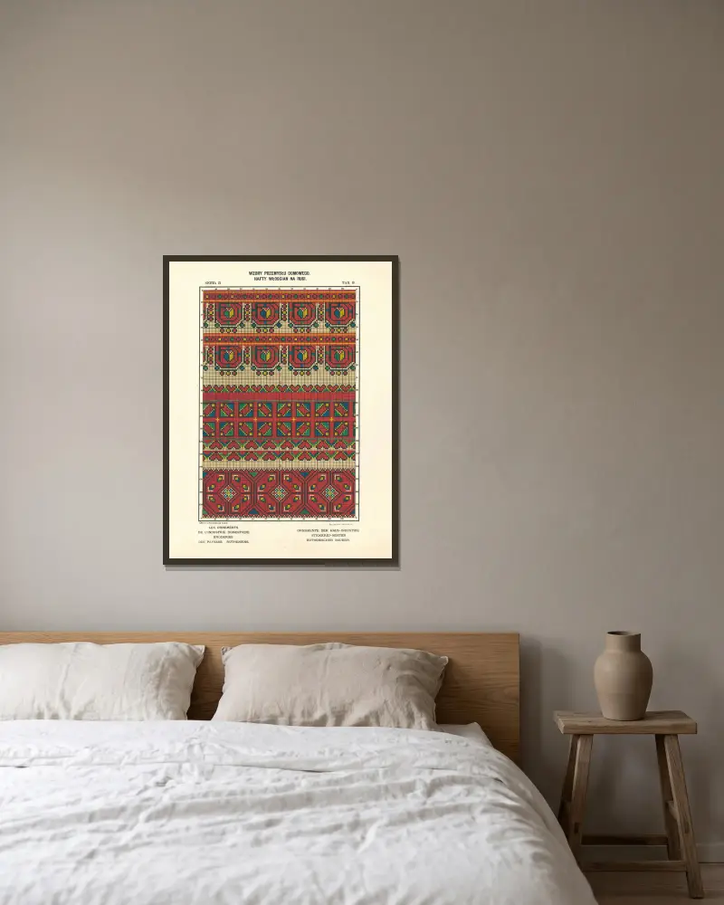 Die Ornamente der häuslichen Industrie – Stickereien der ruthenischen Bauern Bd. 3, Taf. 09 von Ludwik Wierzbicki gerahmt an einer Wand