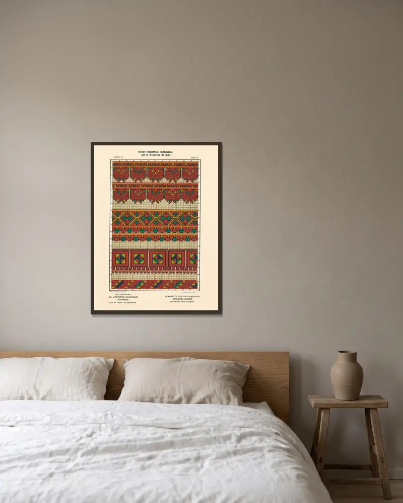 Hemslöjdens ornament – Ruteniska bönders broderier, vol. 3, plansch 3 av Ludwik Wierzbicki inramad på en vägg