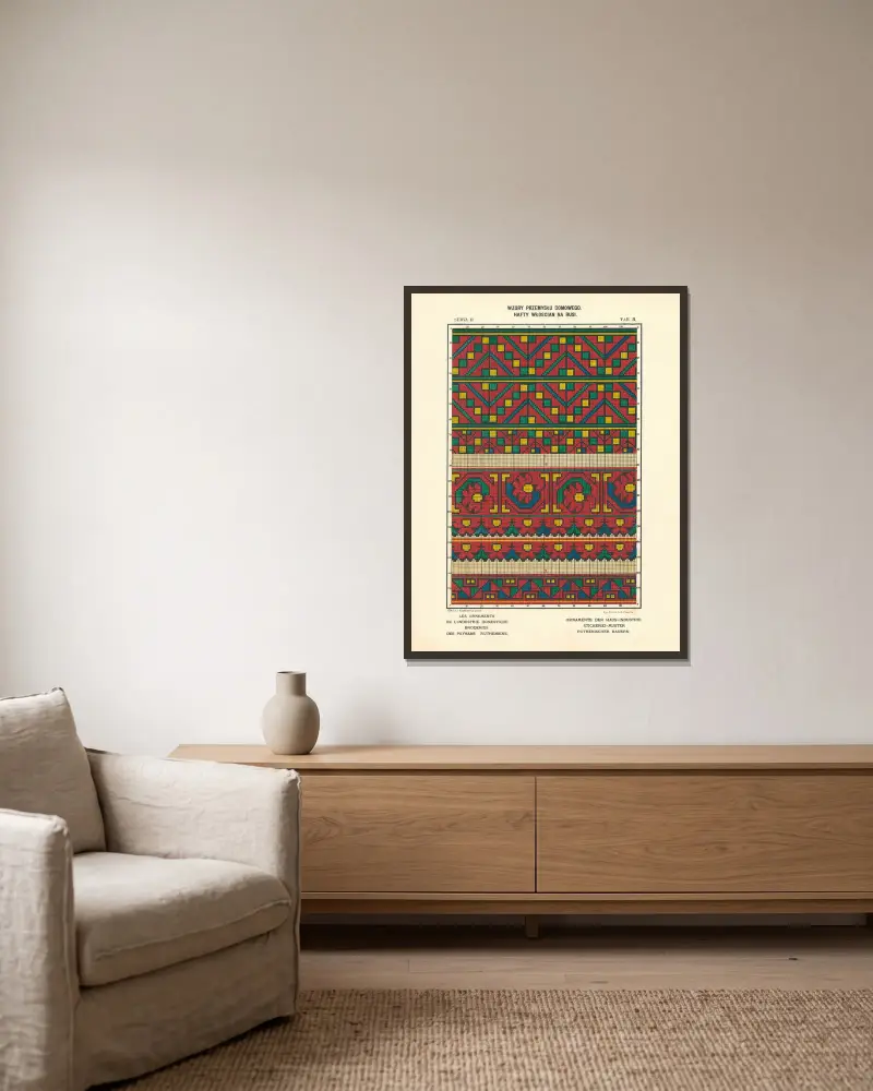 Hemslöjdens ornament – Ruteniska bönders broderier, vol. 3, plansch 8 av Ludwik Wierzbicki inramad på en vägg