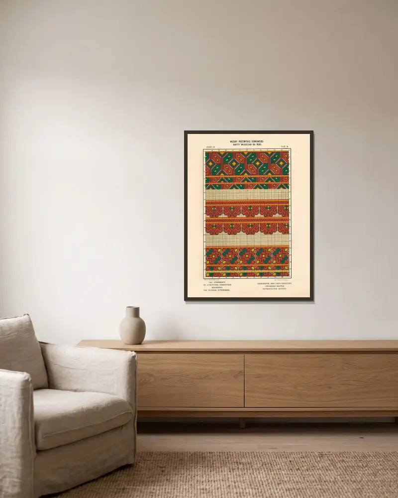 Hemslöjdens ornament – Ruteniska bönders broderier, vol. 3, plansch 4 av Ludwik Wierzbicki inramad på en vägg