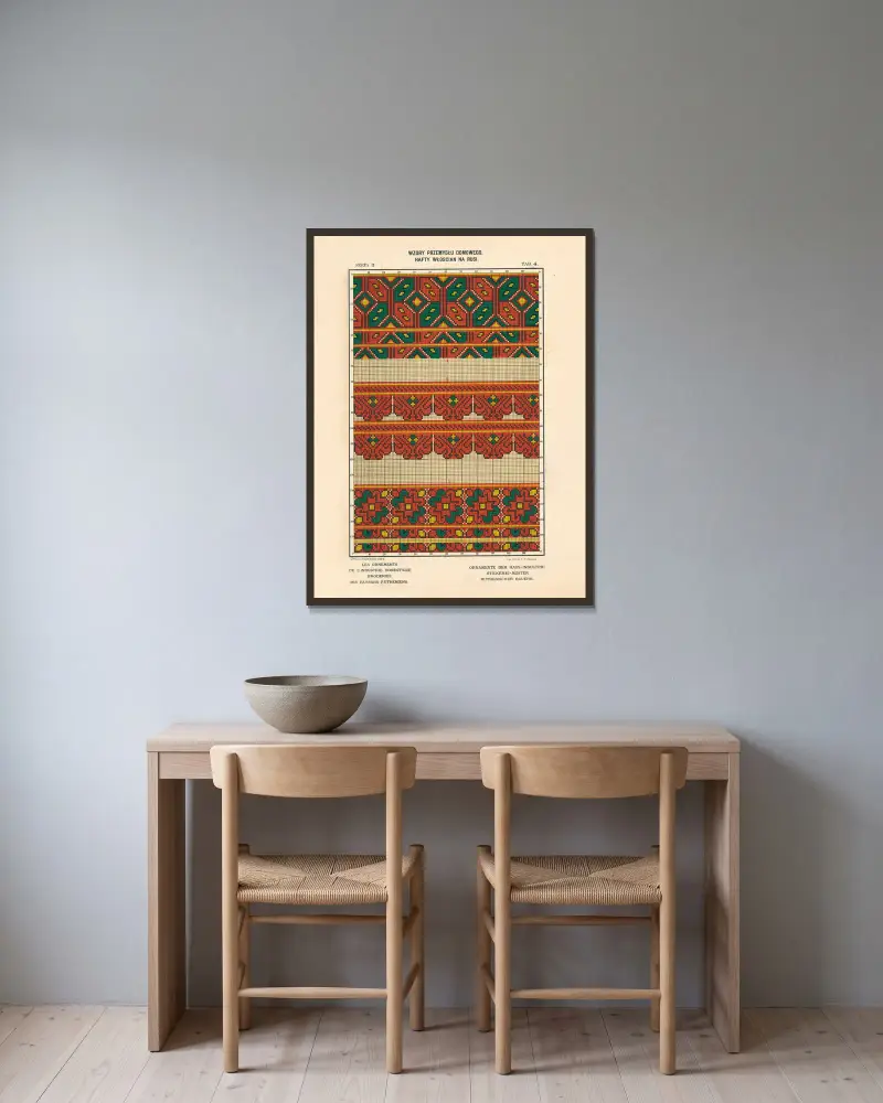 Hemslöjdens ornament – Ruteniska bönders broderier, vol. 3, plansch 4 av Ludwik Wierzbicki inramad på en vägg