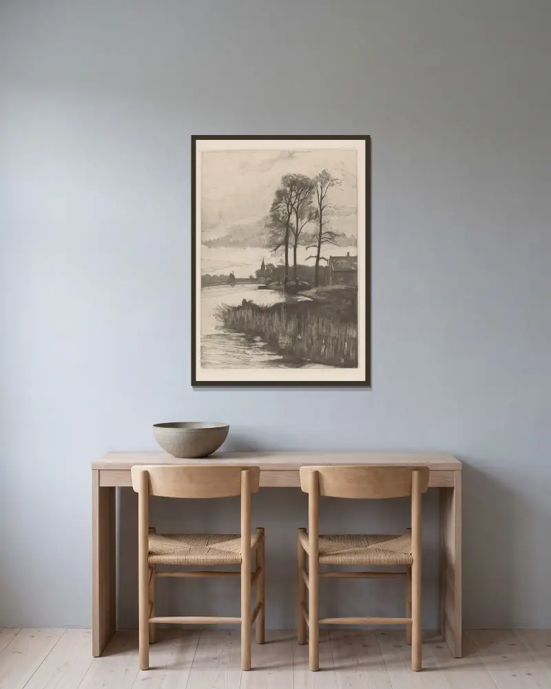 Rivierlandschap av Hendrik Maarten Krabbé inramad på en vägg