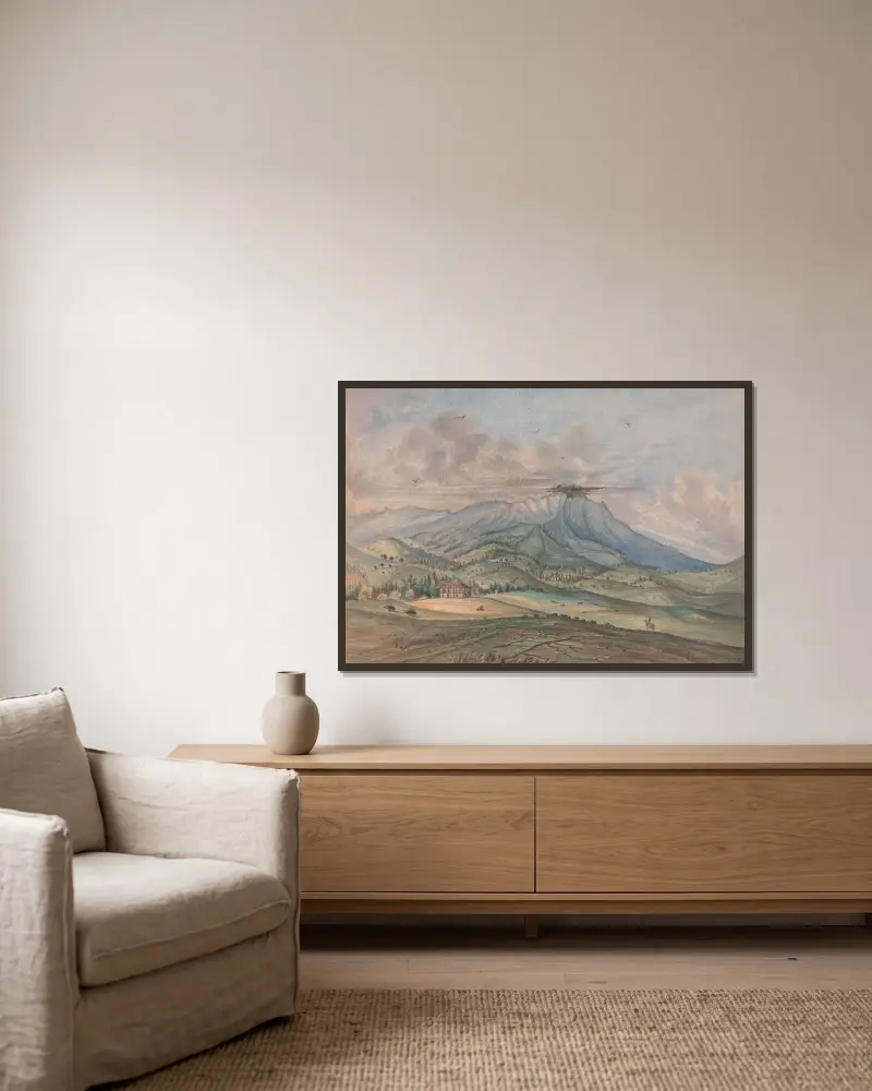 Foten av Tamel Pais (eller Table Mountain) med änkan Reeds ranch nära San Francisco Bay, Kalifornien av James Madison Alden inramad på en vägg