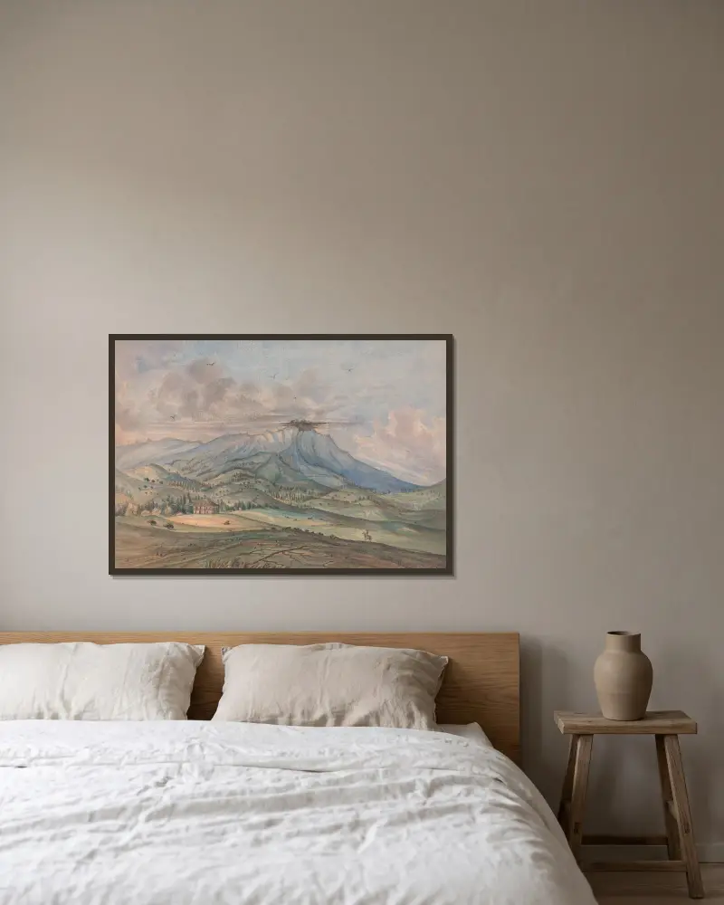Foten av Tamel Pais (eller Table Mountain) med änkan Reeds ranch nära San Francisco Bay, Kalifornien av James Madison Alden inramad på en vägg